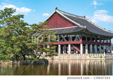 Seoul, South Korea - May. 14, 2026 : Beautiful view of Gyeonghoeru Pavilion in Gyeongbokgung Palace with pond reflection in early summer, Seoul, South Korea Seoul, South Korea - May. 14, 2026 : Beautiful view of Gyeonghoeru Pavilion in Gyeongbokgung Palace with pond reflection in early summer, Seoul, South Korea 139697263