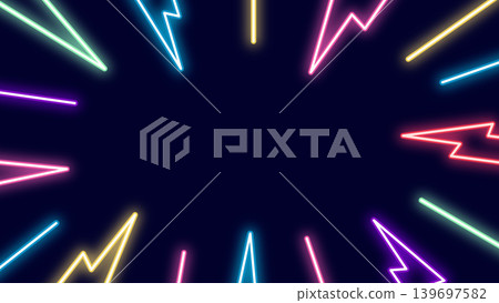 Rainbow neon converging lines background, horizontal 16:9 aspect ratio 139697582