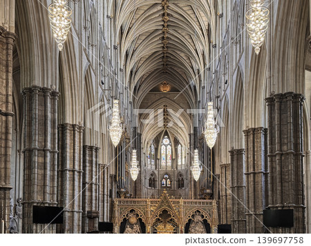 Gothic Westminster Abby Interior With Soaring Vaulted Ceiling, Arched Nave, Chandeliers and Ornate Altar Screen Gothic Westminster Abby Interior With Soaring Vaulted Ceiling, Arched Nave, Chandeliers and Ornate Altar Screen 139697758