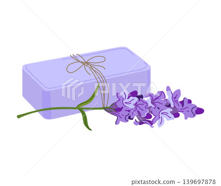 A piece of lavender soap for baths, showers and spa. A rectangular soap for body and hands with lavender flowers. Vector flat cartoon illustration isolated on white background. Handmade from Provence. A piece of lavender soap for baths, showers and spa. A rectangular soap for body and hands with lavender flowers. Vector flat cartoon illustration isolated on white background. Handmade from Provence. 139697878