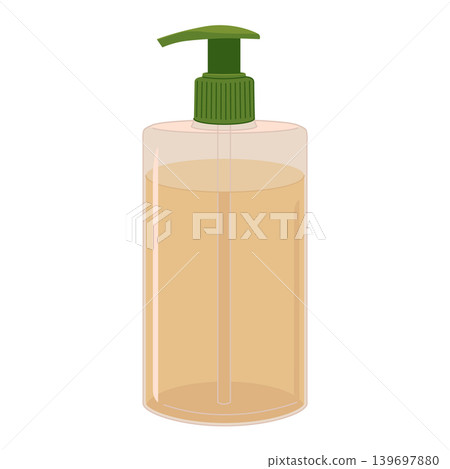 Liquid soap in a dispenser. Natural cleaning agent for surface disinfection in transparent bottle. Sanitizer, shampoo, and conditioner for baths and spas. Flat vector illustration isolated background Liquid soap in a dispenser. Natural cleaning agent for surface disinfection in transparent bottle. Sanitizer, shampoo, and conditioner for baths and spas. Flat vector illustration isolated background 139697880
