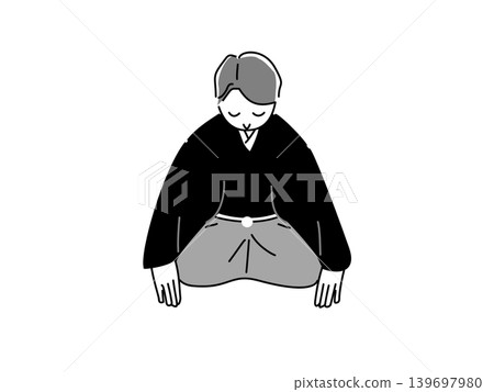 一名身著日本傳統服裝的男子單膝跪地鞠躬。 一名身著日本傳統服裝的男子單膝跪地鞠躬。 139697980