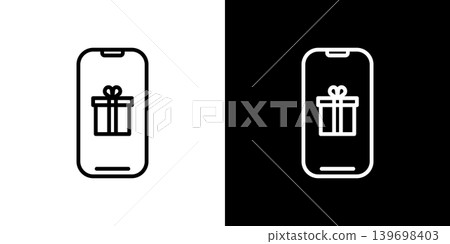 A LINE icon on a smartphone screen displaying a gift. Monochrome vector illustration set. A LINE icon on a smartphone screen displaying a gift. Monochrome vector illustration set. 139698403