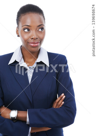 Business, thinking and black woman with arms crossed in studio or lawyer in white background and mockup. Legal, question and attorney curious for information to faq and problem solving with law Business, thinking and black woman with arms crossed in studio or lawyer in white background and mockup. Legal, question and attorney curious for information to faq and problem solving with law 139698674