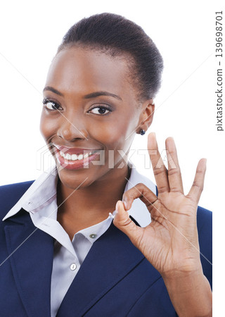 Portrait, business and black woman with ok sign at studio isolated on a white background. Face, okay hand gesture and happy professional with perfect emoji symbol of success, excellence or agreement Portrait, business and black woman with ok sign at studio isolated on a white background. Face, okay hand gesture and happy professional with perfect emoji symbol of success, excellence or agreement 139698701