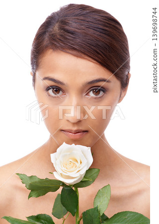 Woman, rose and clean beauty with portrait, vegan and model for skincare cosmetics on white background. Makeup, wellness treatment or natural with shine, flower or organic for glow with healthy skin 139698744