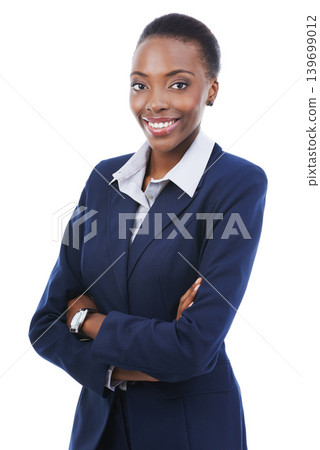 Portrait, business and smile of black woman with arms crossed in studio isolated on a white background. Face, confidence and professional lawyer in suit, attorney and employee work on career in Kenya Portrait, business and smile of black woman with arms crossed in studio isolated on a white background. Face, confidence and professional lawyer in suit, attorney and employee work on career in Kenya 139699012
