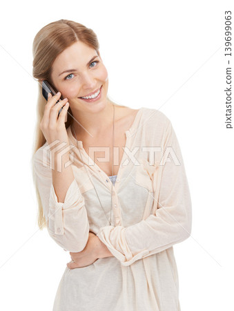 Woman, smile and portrait for phone call in studio, social and networking or connection for communication. Model, happy and face by smartphone for discussion, chat and technology by white background Woman, smile and portrait for phone call in studio, social and networking or connection for communication. Model, happy and face by smartphone for discussion, chat and technology by white background 139699063