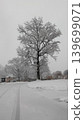 Lone snow-covered tree standing next to residential street after winter blizzard. 139699071
