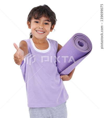 Portrait, girl and kid with thumbs up, yoga mat and wellness isolated on a white studio background. Model, exercise and child with agreement and healthy with smile and workout with hobby and active 139699075