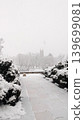 Snow-covered stone patio pathway during heavy winter blizzard with distant building. 139699081
