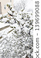 Fresh white snow covering bushes and stairs outside residential house. 139699088