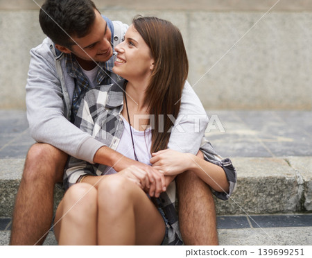 Smile, steps and relax couple hug, bond and enjoy date on marriage honeymoon, Valentines Day or anniversary. Urban staircase, love and gen z people trust in relationship, eye contact or devotion 139699251