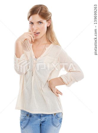 Confused, portrait and woman biting nails in studio unsure, puzzled or suspicious on white background. Doubt, face or nervous female model with hand gesture for suspense, wondering or oops expression Confused, portrait and woman biting nails in studio unsure, puzzled or suspicious on white background. Doubt, face or nervous female model with hand gesture for suspense, wondering or oops expression 139699263