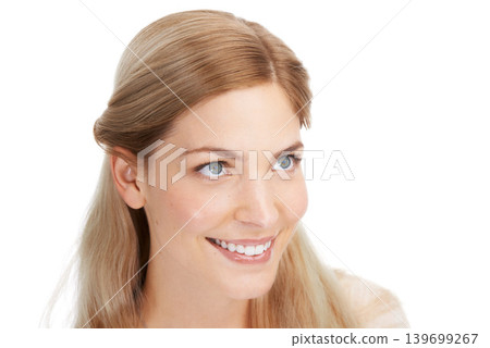 Thinking, smile and woman in studio for makeup, cosmetics or glowing skin treatment against white background. Happy, face and female model with beauty questions, ideas or natural care inspiration 139699267