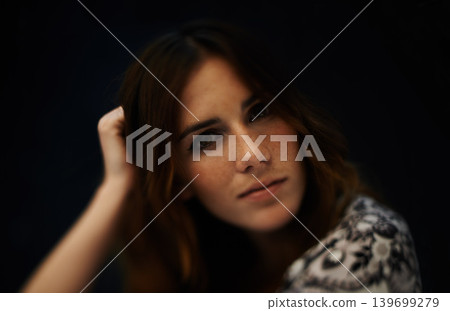 Thinking, beauty and portrait of woman in studio with natural, cosmetic and self care routine. Dream, makeup and young female person with facial cosmetology treatment by dark black background. Thinking, beauty and portrait of woman in studio with natural, cosmetic and self care routine. Dream, makeup and young female person with facial cosmetology treatment by dark black background. 139699279
