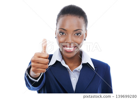 Yes, thumbs up and portrait of black woman in business with agreement and happiness in white background. African, entrepreneur and show thank you sign with hand for approval in feedback or like emoji Yes, thumbs up and portrait of black woman in business with agreement and happiness in white background. African, entrepreneur and show thank you sign with hand for approval in feedback or like emoji 139699280