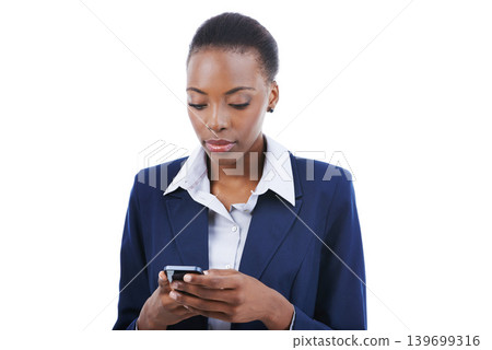 Business, phone and serious black woman typing email, research or reading notification. Smartphone, professional consultant scroll on mobile app and networking isolated on a white studio background 139699316