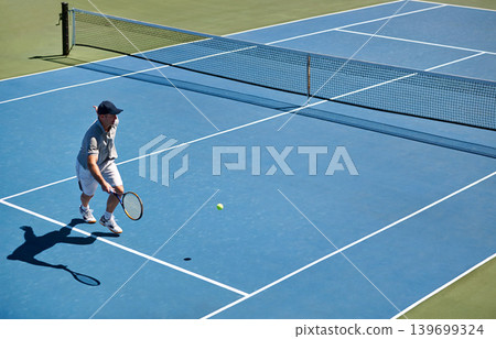 Sport, man and tennis on court with fitness, competition and performance outdoor with match and energy. Power, athlete and ball on turf for training, health and racket with skill, game or hobby Sport, man and tennis on court with fitness, competition and performance outdoor with match and energy. Power, athlete and ball on turf for training, health and racket with skill, game or hobby 139699324