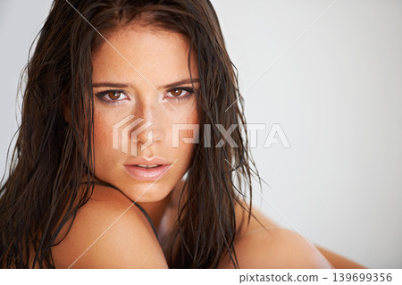 Hair care portrait, beauty and woman washing, grooming and shampoo maintenance treatment with facial cleaning. Headshot, salon routine and and studio face of relax person isolated on white background 139699356