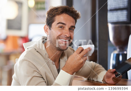 Happy, coffee and portrait of man in a cafe with tablet for networking on social media or internet. Smile, cappuccino and young male person with digital technology for research in restaurant. Happy, coffee and portrait of man in a cafe with tablet for networking on social media or internet. Smile, cappuccino and young male person with digital technology for research in restaurant. 139699394