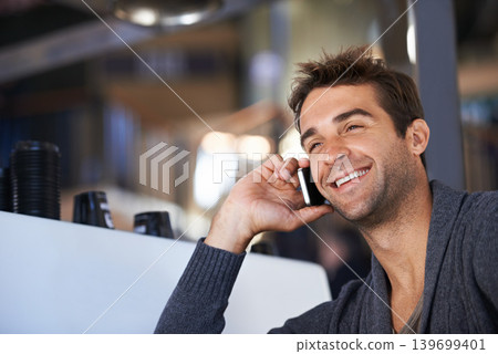 Phone call, happy and young man networking for deal, good news or work communication in cafe. Smile, satisfaction and male person on mobile conversation with cellphone for career in coffee shop. Phone call, happy and young man networking for deal, good news or work communication in cafe. Smile, satisfaction and male person on mobile conversation with cellphone for career in coffee shop. 139699401