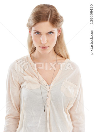 Portrait, angry and woman in studio frustrated, annoyed or posing with bad mood on white background. Problem, conflict and face of female model with emoji expression for tantrum, rage or aggression Portrait, angry and woman in studio frustrated, annoyed or posing with bad mood on white background. Problem, conflict and face of female model with emoji expression for tantrum, rage or aggression 139699430