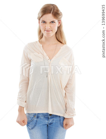Angry, portrait and woman in studio frustrated, annoyed or posing with bad mood on white background. Problem, conflict and face of female model with emoji expression for tantrum, rage or aggression Angry, portrait and woman in studio frustrated, annoyed or posing with bad mood on white background. Problem, conflict and face of female model with emoji expression for tantrum, rage or aggression 139699435