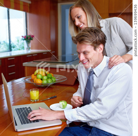 Couple, laptop and home with breakfast, online information and social network scroll with a smile. Marriage, computer and tech with web research, support and love together on the internet in a house Couple, laptop and home with breakfast, online information and social network scroll with a smile. Marriage, computer and tech with web research, support and love together on the internet in a house 139699436