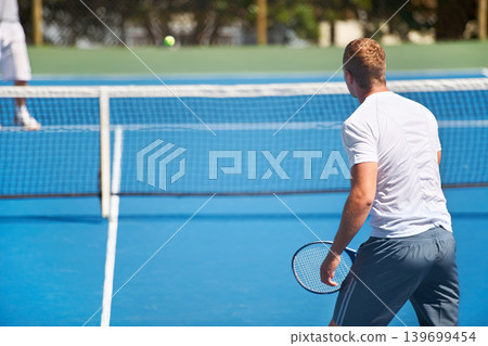 Sport, man and tennis on court with workout, competition and performance outdoor with fitness and energy. Athlete, player and ball on turf for training, exercise and racket with skill, game and hobby Sport, man and tennis on court with workout, competition and performance outdoor with fitness and energy. Athlete, player and ball on turf for training, exercise and racket with skill, game and hobby 139699454