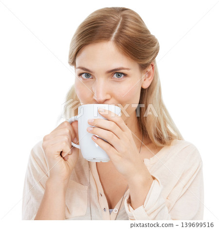 Portrait, drinking coffee and woman with cup in studio isolated on a white background. Face, tea mug and young person or girl with hot healthy beverage, latte or espresso for breakfast in the morning Portrait, drinking coffee and woman with cup in studio isolated on a white background. Face, tea mug and young person or girl with hot healthy beverage, latte or espresso for breakfast in the morning 139699516