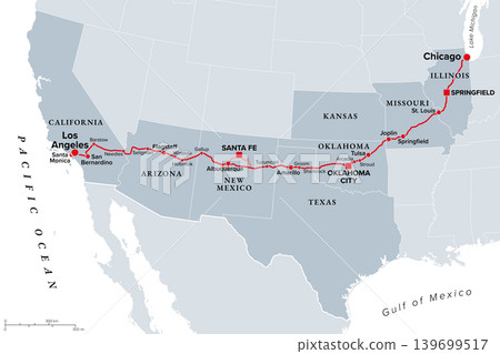 U.S. Route 66, or U.S. Highway 66, known as the Mother Road, gray political map. Route sixty-six, Main Street of America, a historic route from Chicago, Illinois, to Santa Monica, California. Vector U.S. Route 66, or U.S. Highway 66, known as the Mother Road, gray political map. Route sixty-six, Main Street of America, a historic route from Chicago, Illinois, to Santa Monica, California. Vector 139699517