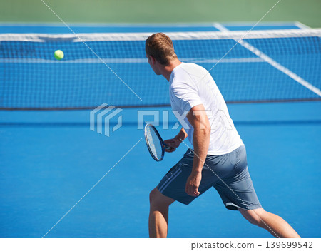 Sport, man and tennis on court with fitness, competition and performance outdoor with serve and energy. Athlete, player and ball on turf for training, exercise and racket with skill, game or wellness Sport, man and tennis on court with fitness, competition and performance outdoor with serve and energy. Athlete, player and ball on turf for training, exercise and racket with skill, game or wellness 139699542