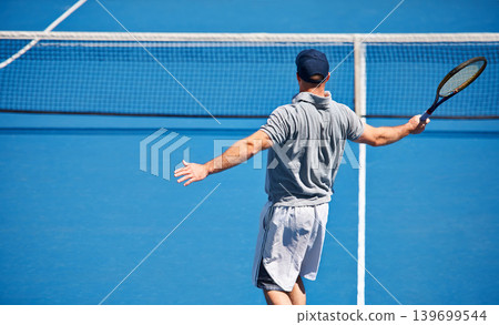 Sport, man and tennis on court with workout, competition and performance outdoor with fitness and energy. Athlete, player and match on turf for training, exercise and racket with skill, game or hobby Sport, man and tennis on court with workout, competition and performance outdoor with fitness and energy. Athlete, player and match on turf for training, exercise and racket with skill, game or hobby 139699544