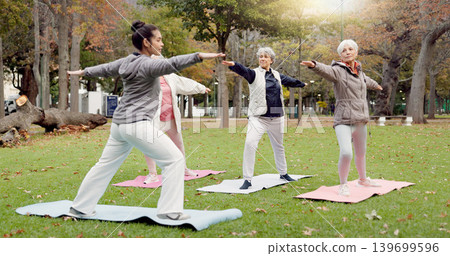 Trainer, park and old women stretching, yoga and fitness for wellness, exercise and pilates training. Female people, senior club and group outdoor, meditation and workout with health and retirement Trainer, park and old women stretching, yoga and fitness for wellness, exercise and pilates training. Female people, senior club and group outdoor, meditation and workout with health and retirement 139699596