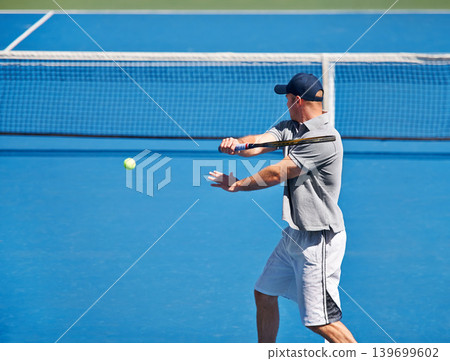 Sport, man and tennis on court with training, competition and performance outdoor with fitness and energy. Athlete, player and ball on turf for serve, exercise and racket with skill, game and hobby Sport, man and tennis on court with training, competition and performance outdoor with fitness and energy. Athlete, player and ball on turf for serve, exercise and racket with skill, game and hobby 139699602