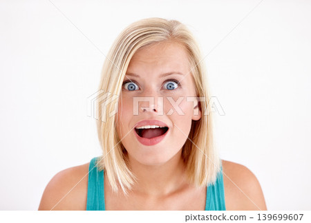 Wow, shock and surprise, portrait of woman with fake news or announcement of discount sale in studio. Person with confused face, emoji or meme for gossip drama with girl isolated on white background. 139699607