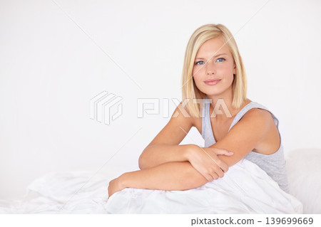 Portrait, bed and happy with woman, relax and awake with mockup space and morning with peace. Face, person and girl with blanket and home with weekend break, cover and bedroom with joy and calming Portrait, bed and happy with woman, relax and awake with mockup space and morning with peace. Face, person and girl with blanket and home with weekend break, cover and bedroom with joy and calming 139699669