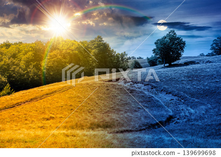 dirt road through grassy hills. day meet night. mountain landscape with beech forest along the path. sun and moon in harmony over remote countryside. late summer scenery with primeval woods dirt road through grassy hills. day meet night. mountain landscape with beech forest along the path. sun and moon in harmony over remote countryside. late summer scenery with primeval woods 139699698