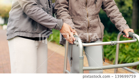 People, support and walking frame in park or outdoor wellness, exercise and physiotherapy. Person with disability in garden or nature with helping hands for physical therapy, muscle fitness or cardio People, support and walking frame in park or outdoor wellness, exercise and physiotherapy. Person with disability in garden or nature with helping hands for physical therapy, muscle fitness or cardio 139699759