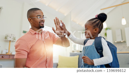Black family, education and girl with backpack for school, kindergarten and high five from dad for support and motivation. Child, student and father helping to get ready and leave house in morning Black family, education and girl with backpack for school, kindergarten and high five from dad for support and motivation. Child, student and father helping to get ready and leave house in morning 139699812