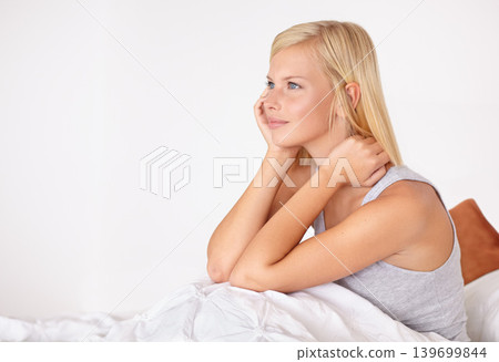 Calm, woman and thinking in home on bed with ideas for morning and wake up with peace. Healthy, person and girl relax in bedroom on holiday, vacation or wellness from rest in apartment mock up Calm, woman and thinking in home on bed with ideas for morning and wake up with peace. Healthy, person and girl relax in bedroom on holiday, vacation or wellness from rest in apartment mock up 139699844