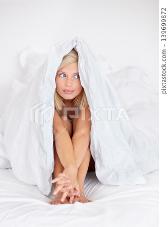 Anxiety, face and woman in bed with blanket for hiding, panic attack or overthinking stress at home. Fear, worry and female person in a bedroom with mental health crisis, paranoid or shame in a house Anxiety, face and woman in bed with blanket for hiding, panic attack or overthinking stress at home. Fear, worry and female person in a bedroom with mental health crisis, paranoid or shame in a house 139699872