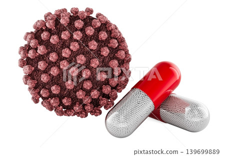 Hantavirus particle with medicine capsules, antiviral treatment for hantavirus infection. 3d rendering Hantavirus particle with medicine capsules, antiviral treatment for hantavirus infection. 3d rendering 139699889