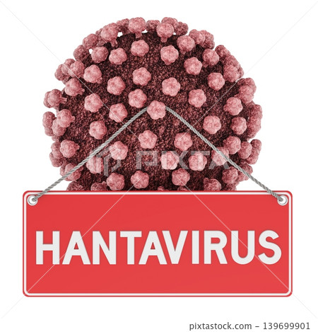 Virus Particle with Red Hantavirus Sign, 3D Rendering 139699901