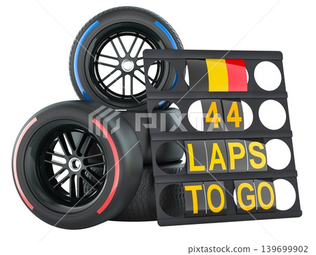 Belgian racing, pit board with flag of Belgian and racing wheels with different compounds type tyres. 3D rendering Belgian racing, pit board with flag of Belgian and racing wheels with different compounds type tyres. 3D rendering 139699902
