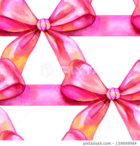 Elegant seamless watercolor pattern featuring vibrant pink silk bows and horizontal ribbons. Hand drawn festive illustration with soft textures, perfect for romantic gift wrapping and feminine decor. Elegant seamless watercolor pattern featuring vibrant pink silk bows and horizontal ribbons. Hand drawn festive illustration with soft textures, perfect for romantic gift wrapping and feminine decor. 139699984