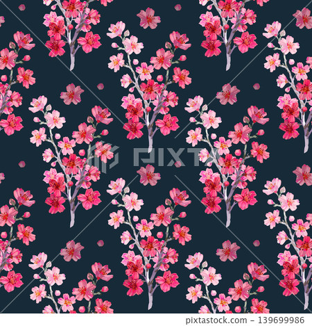 Elegant seamless watercolor pattern featuring blooming cherry blossom branches with vibrant pink and red flowers. Hand drawn botanical illustration perfect for spring designs and romantic decor. Elegant seamless watercolor pattern featuring blooming cherry blossom branches with vibrant pink and red flowers. Hand drawn botanical illustration perfect for spring designs and romantic decor. 139699986