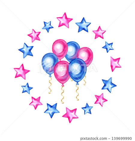 Watercolor festive illustration featuring a bunch of pink and blue balloons with golden wavy strings, beautifully hand drawn. The central composition is enclosed by a circular wreath of alternating 139699990