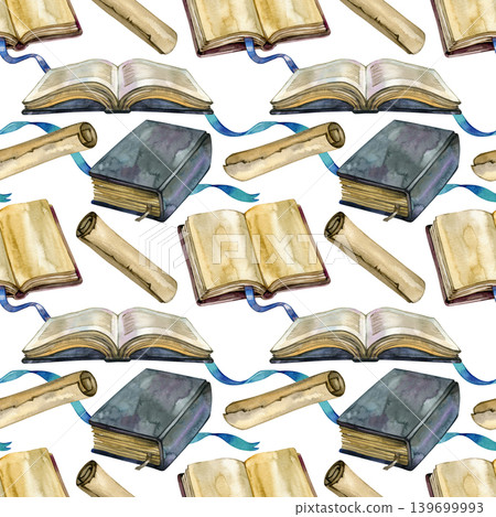 Seamless watercolor pattern featuring vintage open books, ancient scrolls, and blue silk ribbons. Hand drawn library elements with aged paper textures create a classic academic and literary atmosphere 139699993